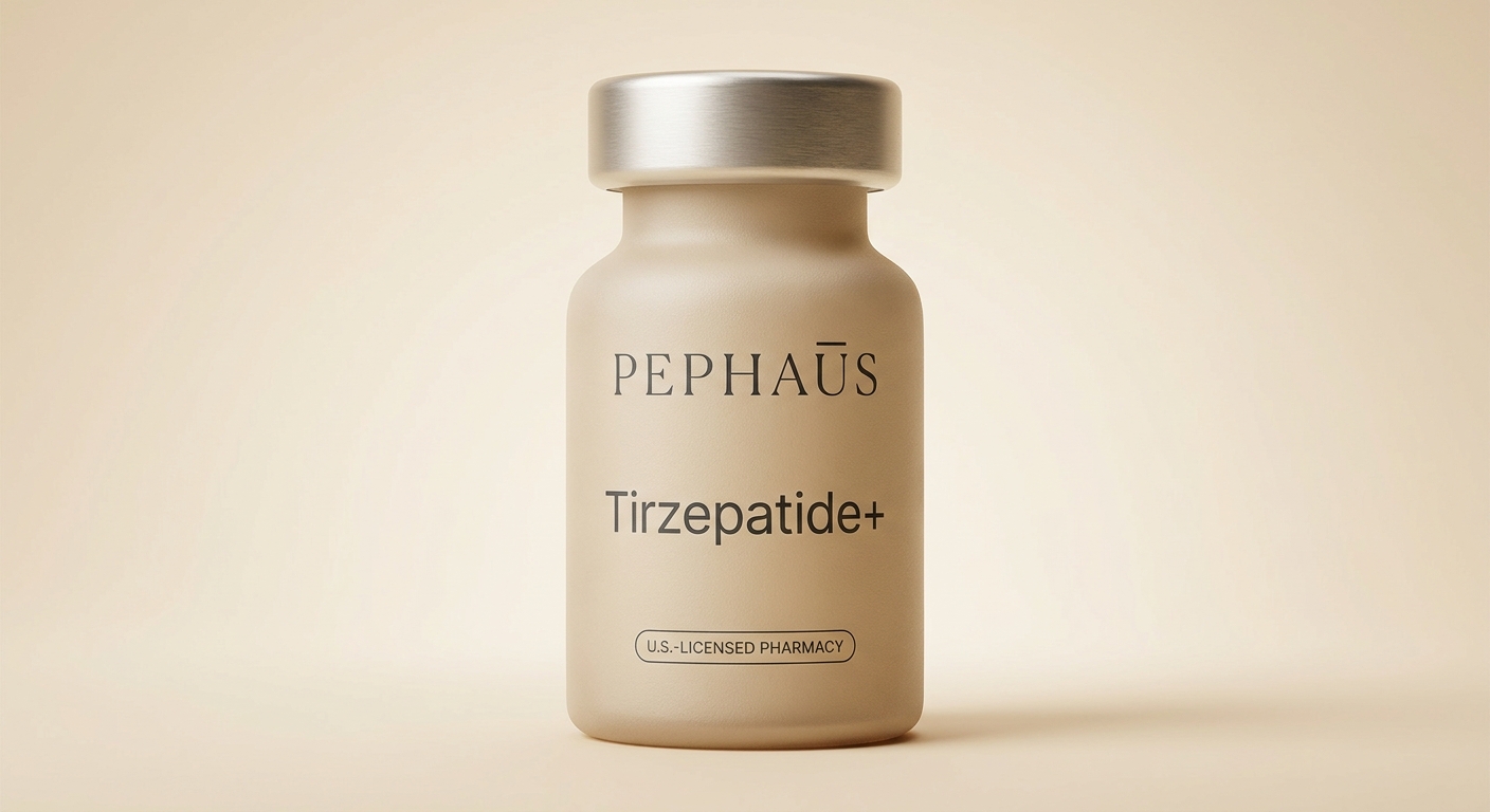 Pephaus Tirzepatide+ vial — frosted warm-taupe glass with brushed silver cap on a soft cream background